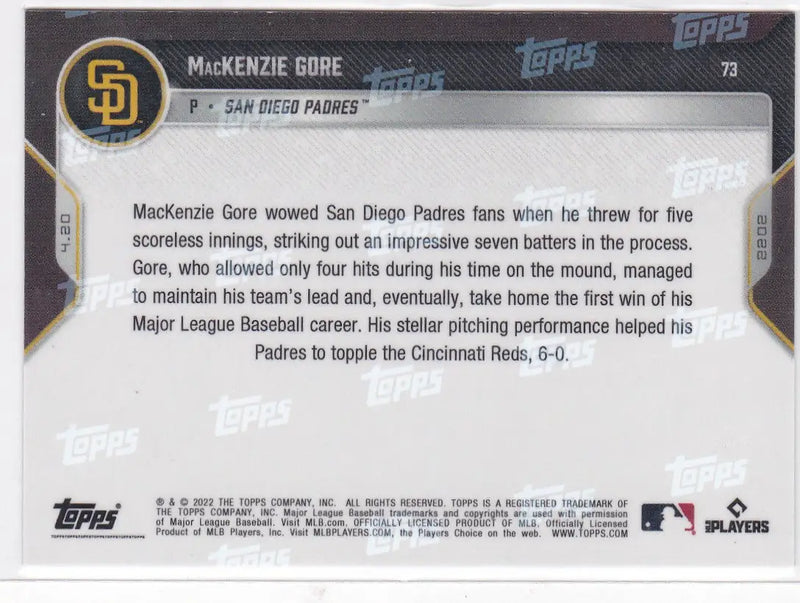 Baseball card back for 2022 TOPPS NOW number 73 MacKenzie Gore San Diego Padres