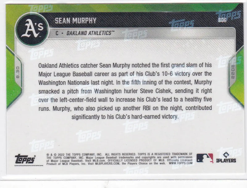 Baseball card back featuring Sean Murphy Oakland Athletics 2022 TOPPS NOW #806