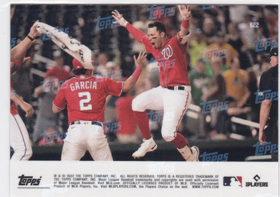 Baseball card featuring celebrating players from Washington Nationals Joey Meneses- Washington Nationals