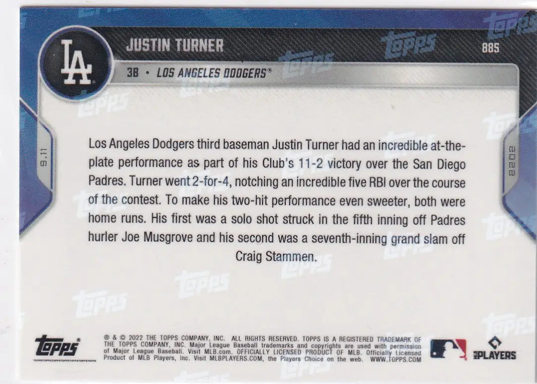 2022 TOPPS NOW #885 JUSTIN TURNER 28/49- LOS ANGELES DODGERS - Baseball Card Single