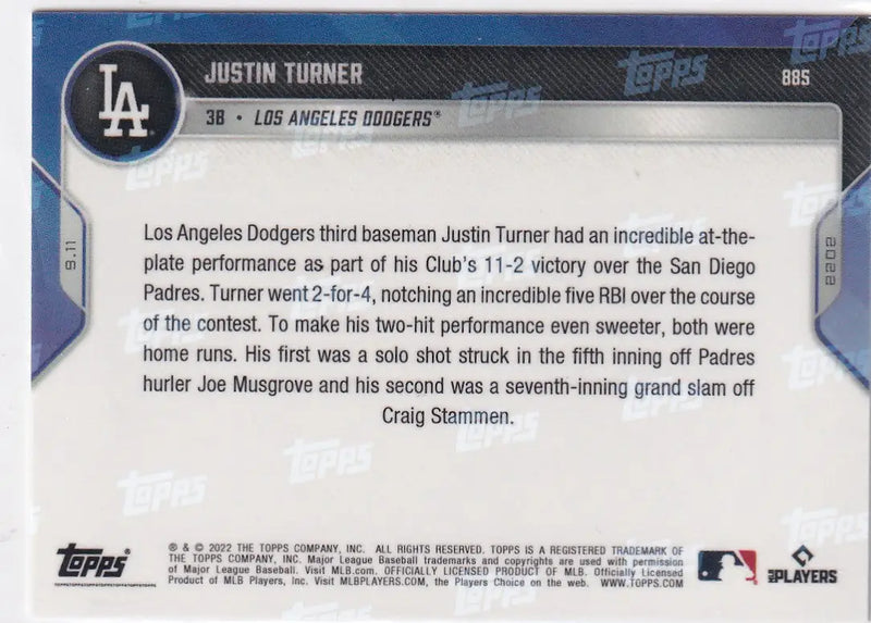 2022 TOPPS NOW #885 JUSTIN TURNER 28/49- LOS ANGELES DODGERS - Baseball Card Single