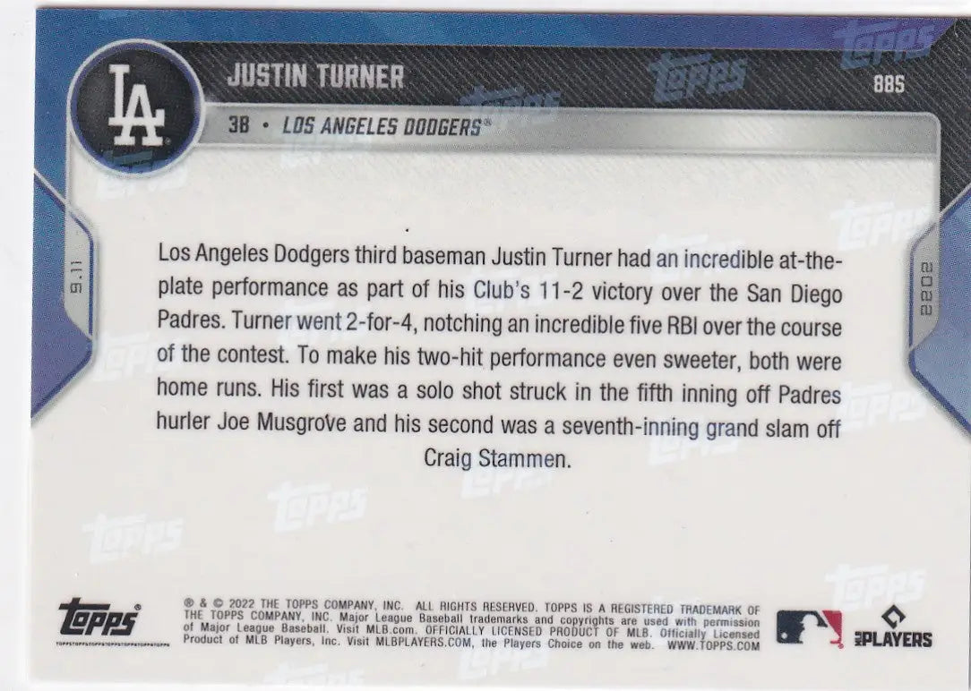 2022 TOPPS NOW #885 JUSTIN TURNER 8/25- LOS ANGELES DODGERS - Baseball Card Single