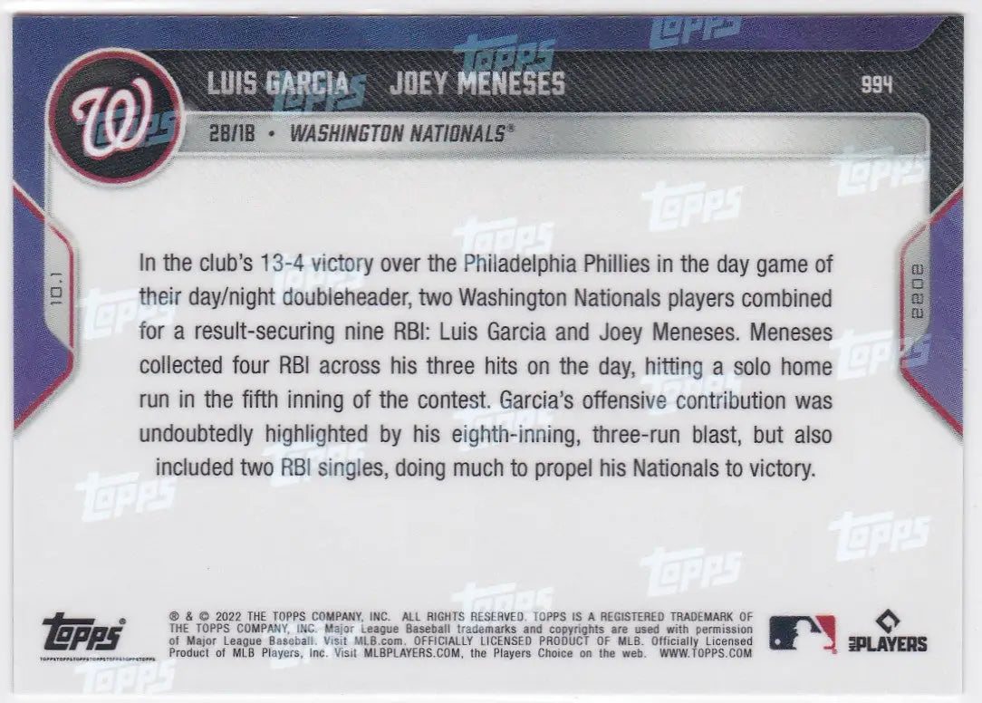 Baseball card back Featuring Luis Garcia and Joey Meneses Washington Nationals 2022