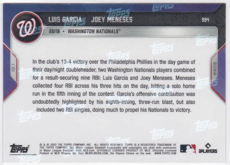 Baseball card back Featuring Luis Garcia and Joey Meneses Washington Nationals 2022