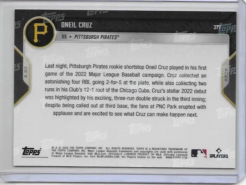 2022 Topps Now Oneil Cruz #377 RC 4 RBI Rookie Pittsburgh Pirates (878) - Baseball Card Single
