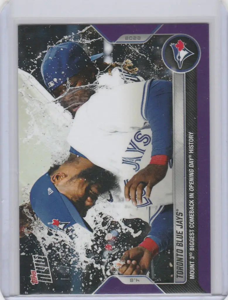 Baseball trading card of Toronto Blue Jays Biggest Comeback 14/25 featuring player doused with water