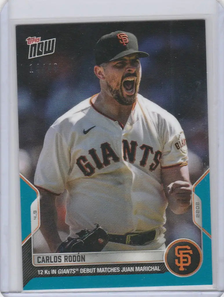 Baseball card of Carlos Rodon celebrating on mound for San Francisco Giants 14/49