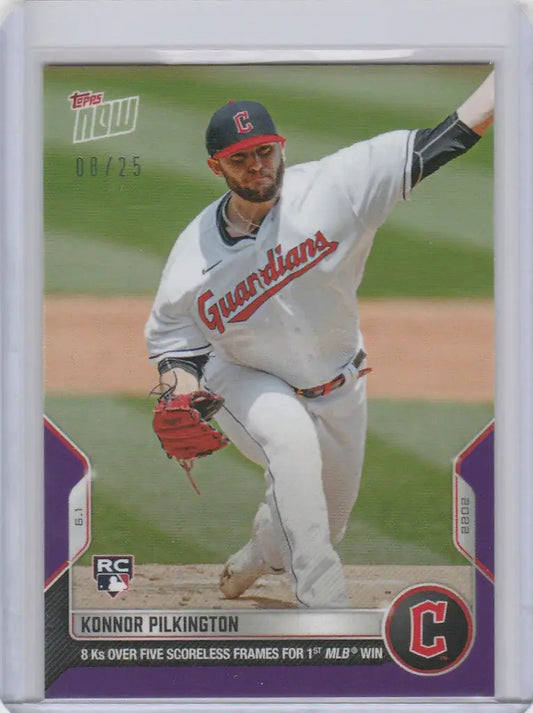 Baseball card of Konnor Pilkington Cleveland Guardians pitcher in mid-throw action