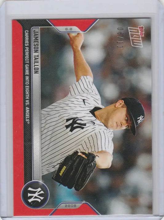 Baseball card showing Jameson Taillon of the New York Yankees in mid-throw action