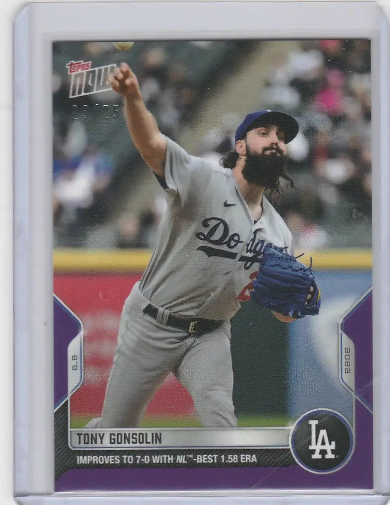 Baseball card of Tony Gonsolin Los Angeles Dodgers pitcher mid-throw from 2022 TOPPS NOW