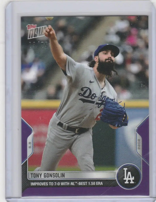 Baseball card of Tony Gonsolin Los Angeles Dodgers pitcher mid-throw from 2022 TOPPS NOW