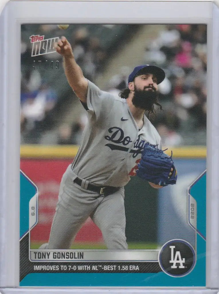 Baseball card of Tony Gonsolin, Los Angeles Dodgers pitcher in mid-throw