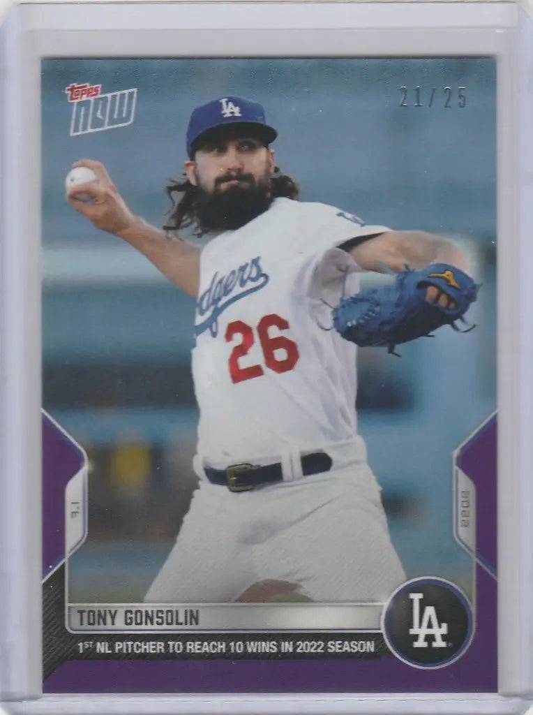 Baseball card of Tony Gonsolin mid-throw for Los Angeles Dodgers 21/25 collectible
