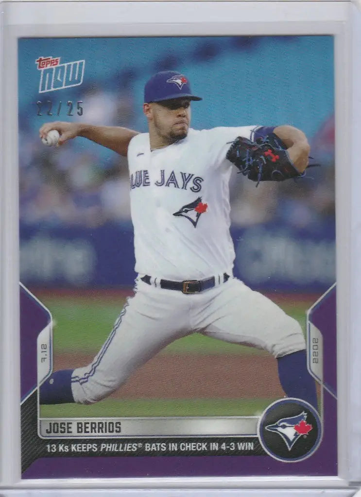 Baseball card of Jose Berrios, Toronto Blue Jays pitcher in mid-throw action