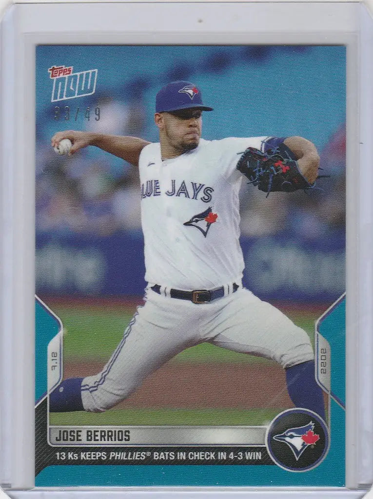 Baseball card of Jose Berrios mid-throw for Toronto Blue Jays, 2022 Topps Now Parallel