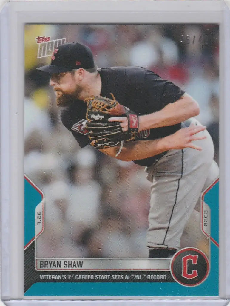Baseball card of Bryan Shaw in dark uniform mid-throw for Cleveland Guardians