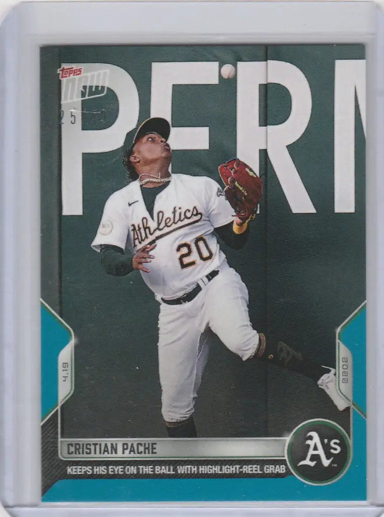 Baseball card of Cristian Pache Oakland Athletics player catching a ball in white uniform