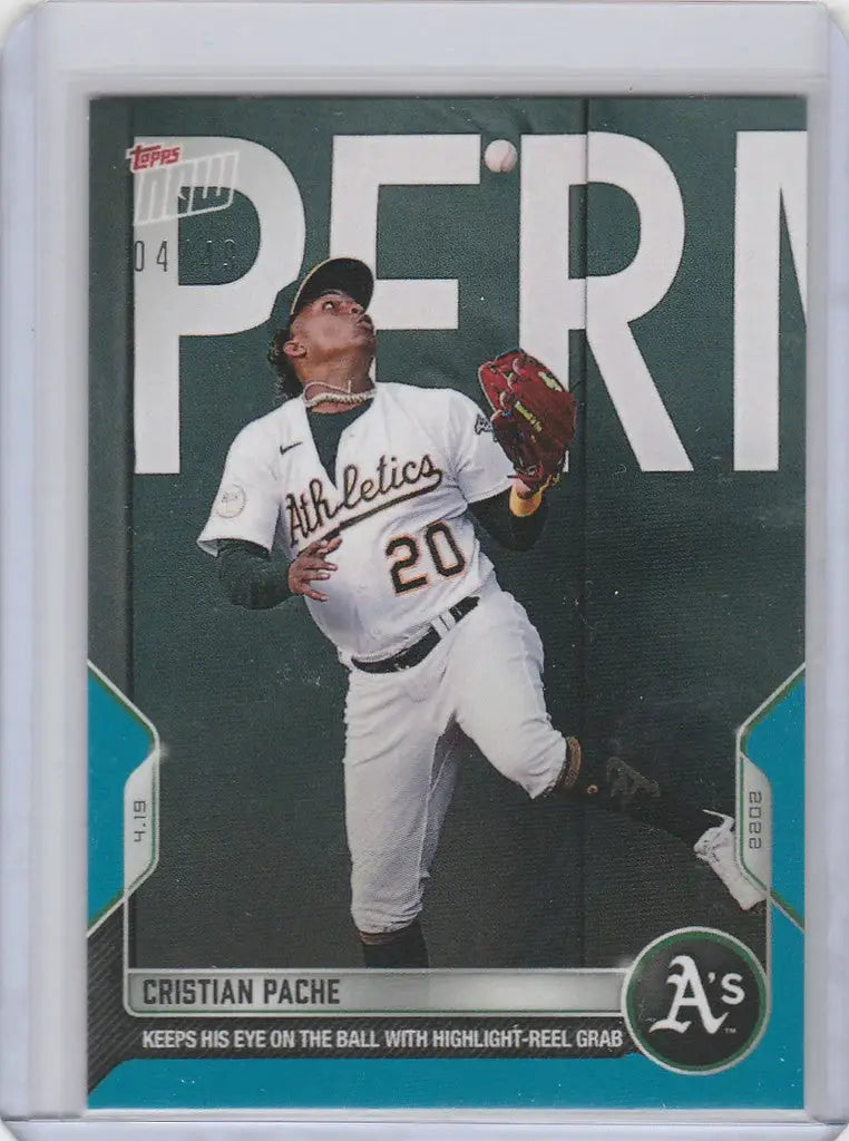 Baseball card of Cristian Pache catching a ball for the Oakland Athletics