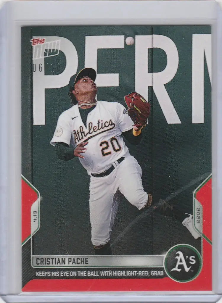 Baseball card of Cristian Pache Oakland Athletics catching in a white uniform
