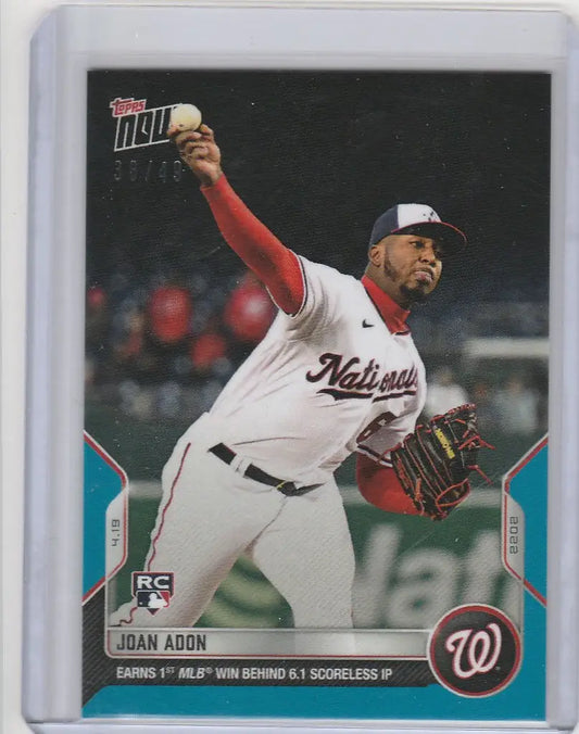 Baseball card of Joan Adon Washington Nationals pitcher in mid-throw action