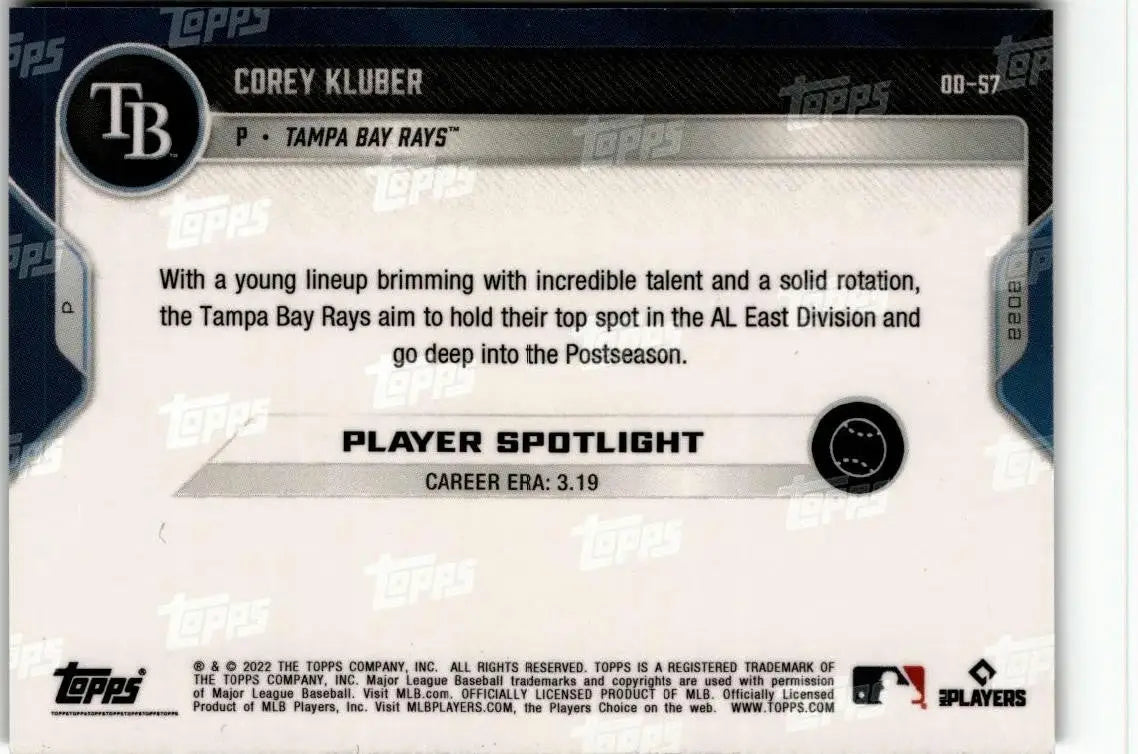 2022 Topps Now Road to Opening Day Tampa Bay Rays #OD-57 Corey Kluber - Baseball Card Single