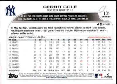 Baseball card back from 2022 Topps Opening Day Gerrit Cole Yankees with original gloss