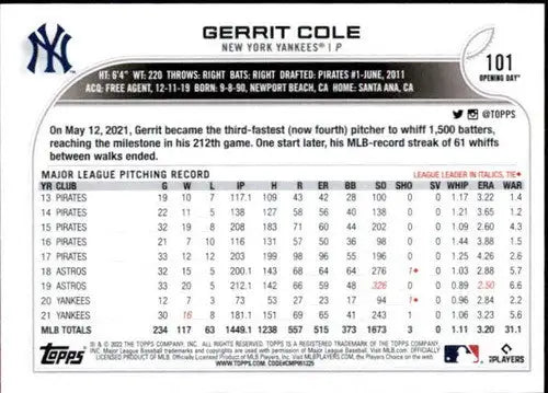 2022 Topps Opening Day Gerrit Cole baseball card with original gloss and vibrant details