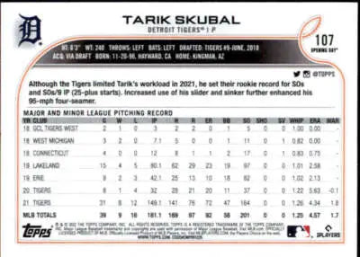 Tarik Skubal baseball card back from 2022 Topps Opening Day with original gloss paint