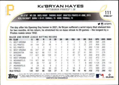 Baseball card back from 2022 Topps Opening Day featuring Ke’Bryan Hayes sports cards with original gloss