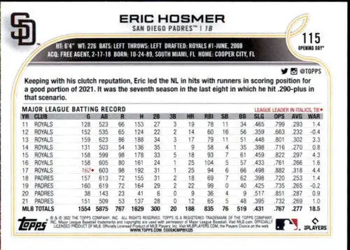2022 Topps Opening Day #115 Eric Hosmer NM-MT Padres ID:40389 - Baseball Card Single