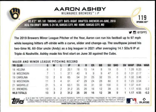 2022 Topps Opening Day Aaron Ashby rookie baseball card with original gloss, Brewers ID 40393