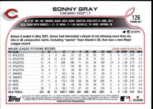 2022 Topps Opening Day Sonny Gray baseball card with original gloss Reds sports cards
