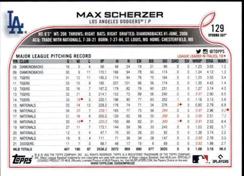 2022 Topps Opening Day #129 Max Scherzer NM-MT Dodgers ID:40403 - Baseball Card Single
