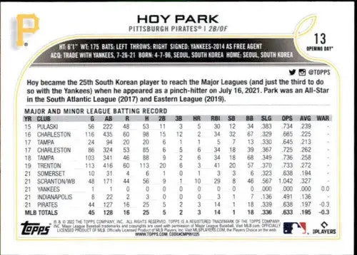 2022 Topps Opening Day #13 Hoy Park NM-MT RC Rookie Pirates - Baseball Card Single
