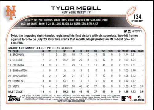2022 Topps Opening Day Tylor Megill baseball card with original gloss Mets rookie card