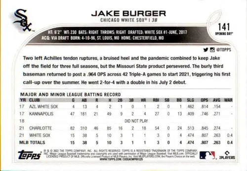 2022 Topps Opening Day Jake Burger baseball card with original gloss sports card collectible