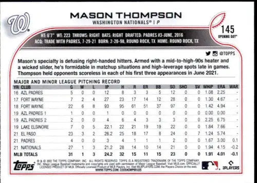 2022 Topps Opening Day #145 Mason Thompson NM-MT RC Rookie Nationals ID:40417 - Baseball Card Single