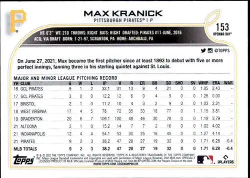 2022 Topps Opening Day #153 Max Kranick NM-MT RC Rookie Pirates ID:40425 - Baseball Card Single