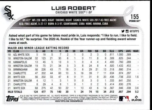 Luis Robert baseball card from 2022 Topps Opening Day with original gloss featuring White Sox ID 41883