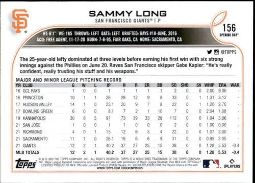 2022 Topps Opening Day #156 Sammy Long NM-MT RC Rookie Giants ID:40428 - Baseball Card Single