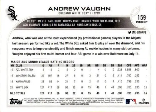2022 Topps Opening Day #159 Andrew Vaughn NM-MT White Sox ID:40431 - Baseball Card Single