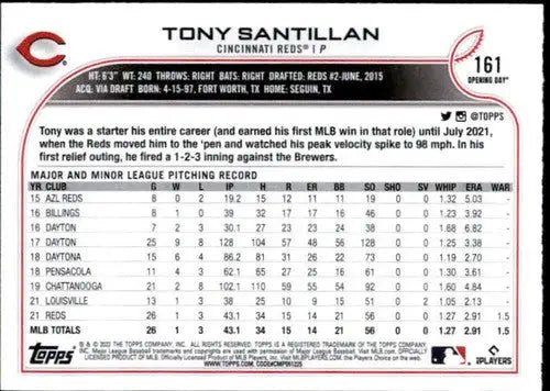 Baseball card back featuring Tony Santillan from 2022 Topps Opening Day with original gloss