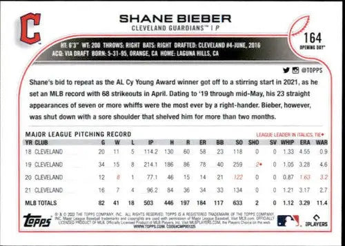 2022 Topps Opening Day #164 Shane Bieber NM-MT Guardians ID:41889 - Baseball Card Single