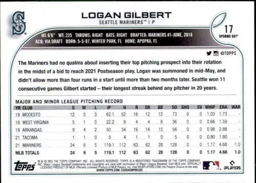 2022 Topps Opening Day #17 Logan Gilbert NM-MT Mariners - Baseball Card Single