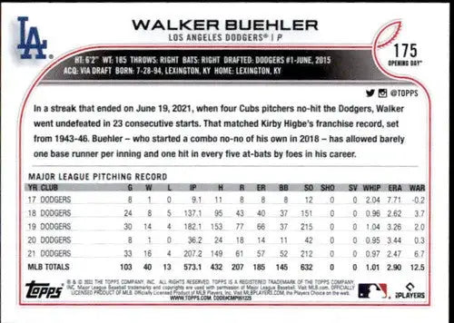 2022 Topps Opening Day #175 Walker Buehler NM-MT Dodgers ID:40447 - Baseball Card Single