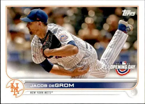 Baseball card featuring Jacob deGrom from 2022 Topps Opening Day sports cards collection