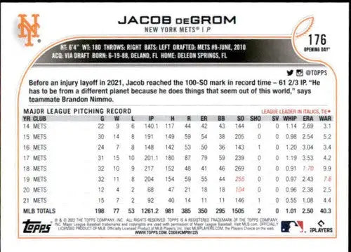 2022 Topps Opening Day Jacob DeGrom baseball card sports card with original gloss NM-MT