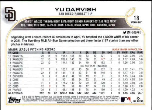 2022 Topps Opening Day #18 Yu Darvish NM-MT Padres - Baseball Card Single
