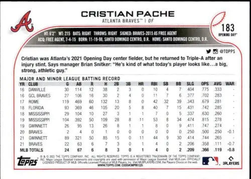 2022 Topps Opening Day #183 Cristian Pache NM-MT Braves ID:40455 - Baseball Card Single