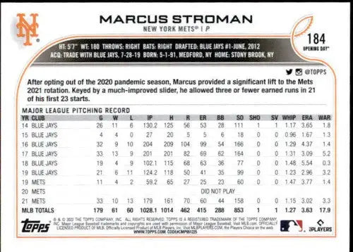 2022 Topps Opening Day #184 Marcus Stroman NM-MT Mets ID:40456 - Baseball Card Single